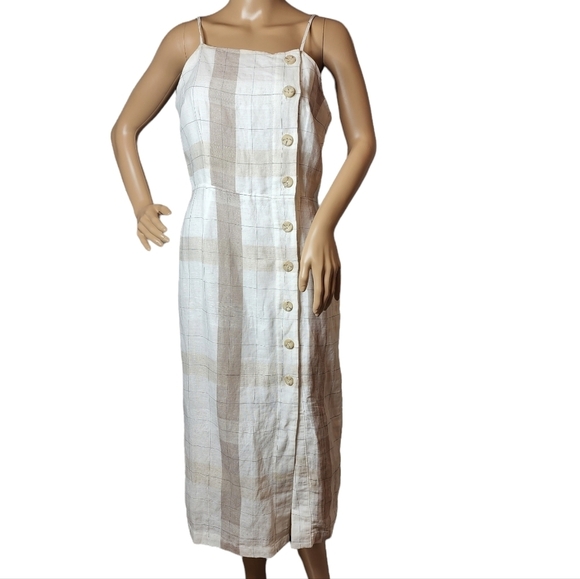 NWT Anthopologie Mo:vint Linen Beige Plaid Sleeveless Button Midi Dress Medium - Picture 4 of 16
